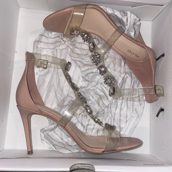 ALDO Montesegale Soft Pink Crystal Clear Strap Open-Toe Pumps Size 8 - Picture 12 of 13